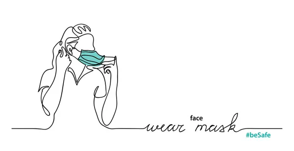 의료용 마스크를 쓴 여성. 하나의 연속적 인 선그리기. — 스톡 벡터