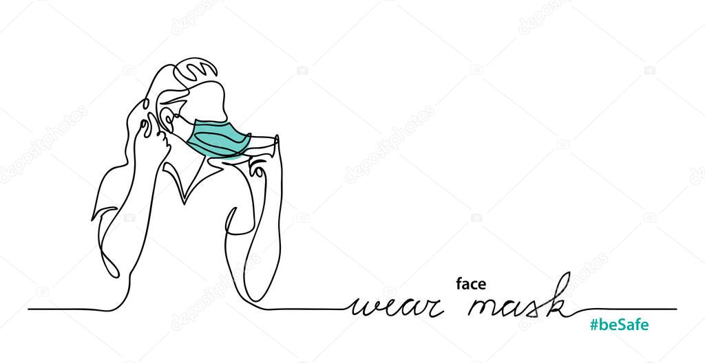 Woman in medical face mask. One continuous line drawing.
