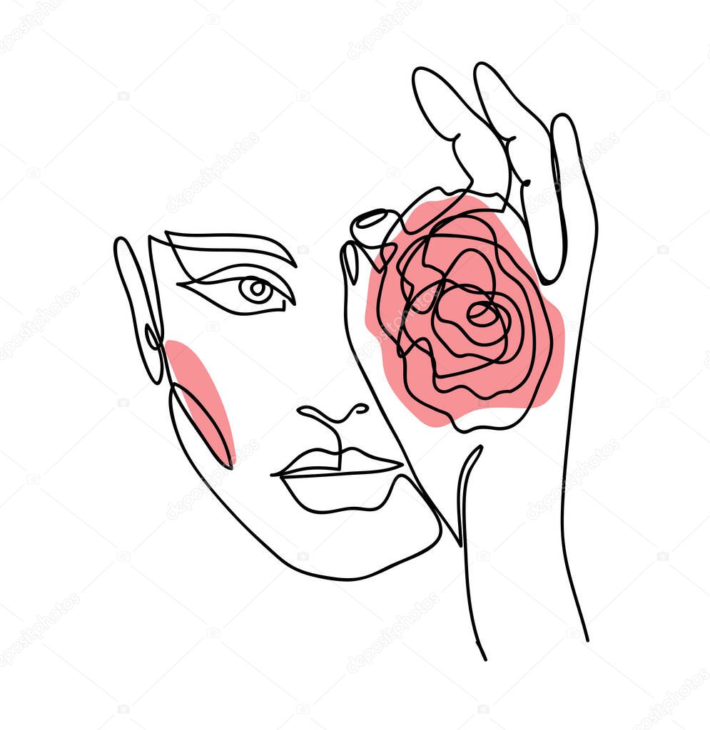 Portrait, face with rose. One continuous line art woman, girl.