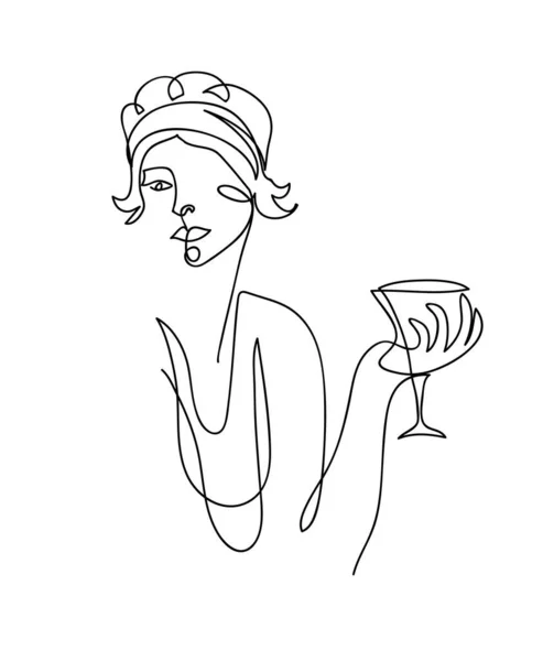 Klappmädchen aus der Schwarz-Weiß-Vektorillustration der 20er Jahre. Frau mit Cocktail, Weinglas, Martini. Eine durchgehende Linienzeichnung — Stockvektor