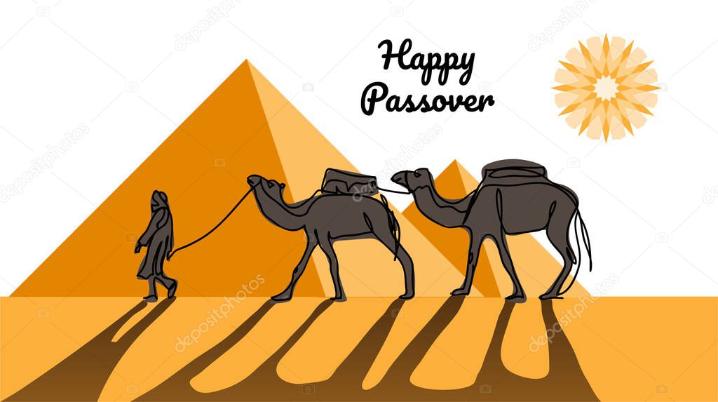 Happy passover, pesach. Vector illustration of passover with desert, egyptian pyramids, caravan, camels.