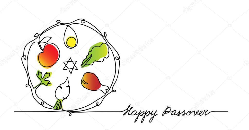 Jewish seder plate, dish with meal. Happy passover lettering, holiday pesach. Vector illustration