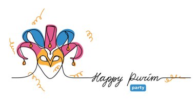 Joker şapkalı mutlu Purim basit vektör web afişi. Sürekli bir çizgi çizimi, karalama, arkaplan, harf ile resimleme