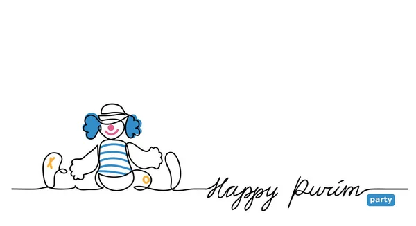 Happy Purim bannière web vectorielle simple avec clown. Un dessin en ligne continue, fond, illustration avec lettrage — Image vectorielle