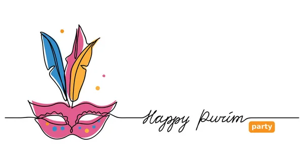 Happy purim simple vector web banner with carnival mask . One continuous line drawing, doodle, background, illustration with lettering — Stock Vector