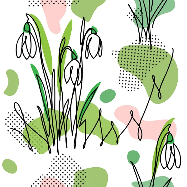 Spring flowers snowdrops modern vector pattern in memphis style. — Stock Vector