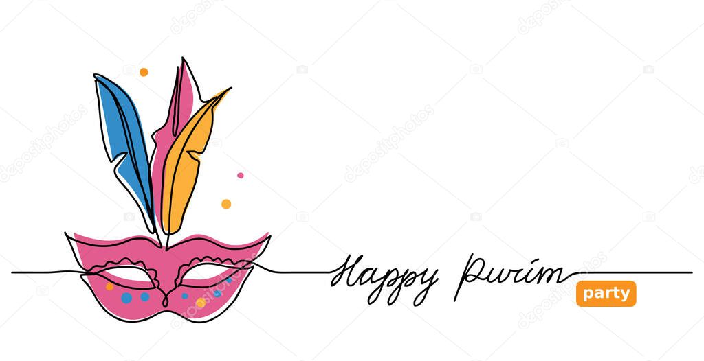 Happy purim simple vector web banner with carnival mask . One continuous line drawing, doodle, background, illustration with lettering