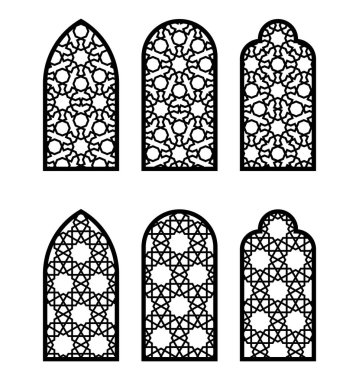 Arabesk kemer pencere ya da kapı seti. Cnc şablonu, lazer kesimi, vektör şablonu, duvar dekoru, kalıbı, gravür için ayarlandı. Arabesk sahte pencere, kemer, jali tasarımı.