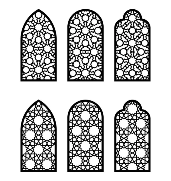 Arabesque arch window or door set. Снк-узор, резка, набор векторных искушений для декора стен, трафарет, гравировка. Arabesque faux window, arch, jali design . — стоковый вектор