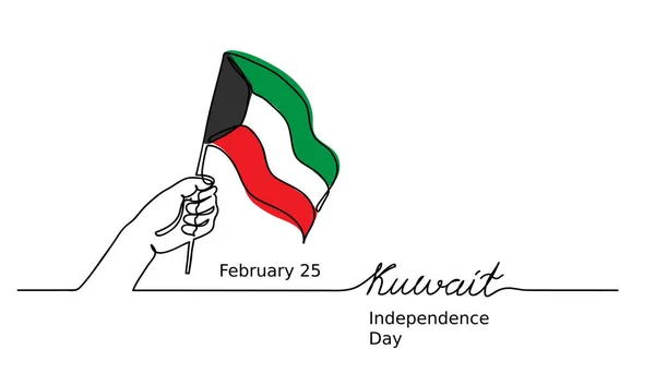 Kuwait Día de la Independencia vector de fondo con la mano, bandera y letras. Una línea continua que dibuja el fondo de la bandera kuwaití . — Vector de stock