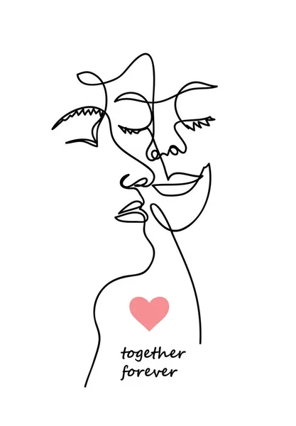 Simple faces, portraits, romantic concept. Together forever vector illustration. One continuous line drawing. — Stock Vector