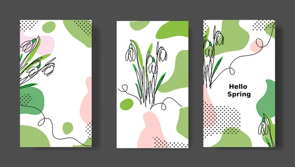 こんにちは春のソーシャルメディアの話、テンプレート。花のベクトルセットを降ろす。投稿用のSNSカード — ストックベクタ