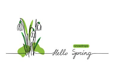 Kardamlaları vektör çizimi ve harfleri Hello Spring. İlk çiçekler aralıksız bir çizgi çiziyor. Merhaba Bahar el yazısı selamlama metni