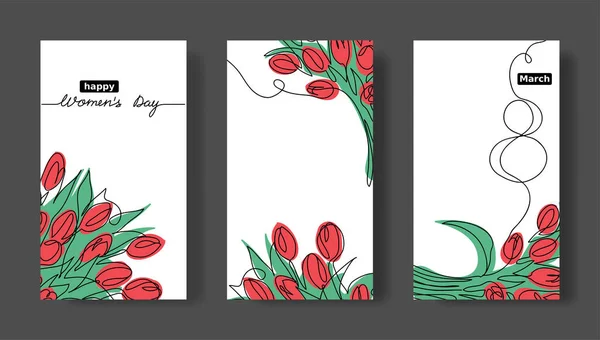 Set di carte vettoriali per il giorno delle donne. Modelli di storie di social media con tulipani. 8 marzo set di carte minimalista semplice . — Vettoriale Stock