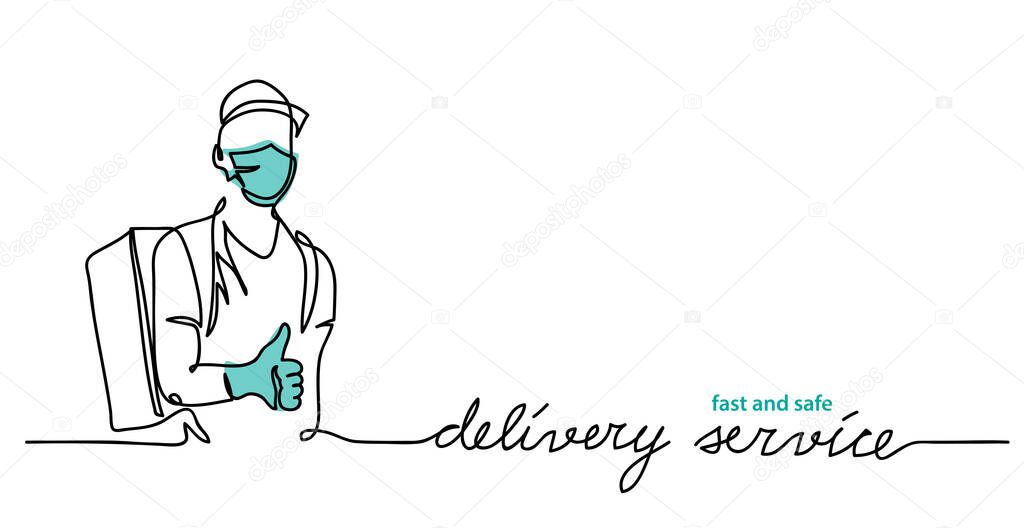 Delivery service, courier wearing face mask and gloves. Thumb up and backpack. Vector simple illustration. Promotion web banner, background. Delivery service lettering, fast and safe