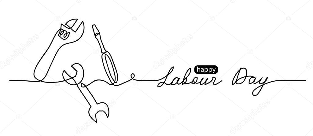 Happy Labour Day simple vector web banner. Set of tools. Lettering Labour Day. Black and white background, banner, poster