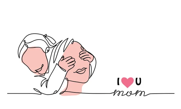 Feliz Dia das Mães banner web vetor simples, fundo, cartaz, cartão. Menina fecha os olhos de suas mães com as mãos. Letras da mãe. Um desenho de linha contínua —  Vetores de Stock