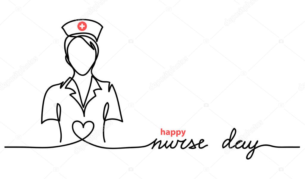 Happy Nurse Day simple vector web banner, background. Nurse day lettering. One continuous line drawing