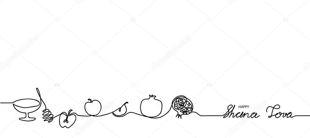 Happy Shana tova simple black and white web banner, background. Shana Tova one continuous line drawing banner