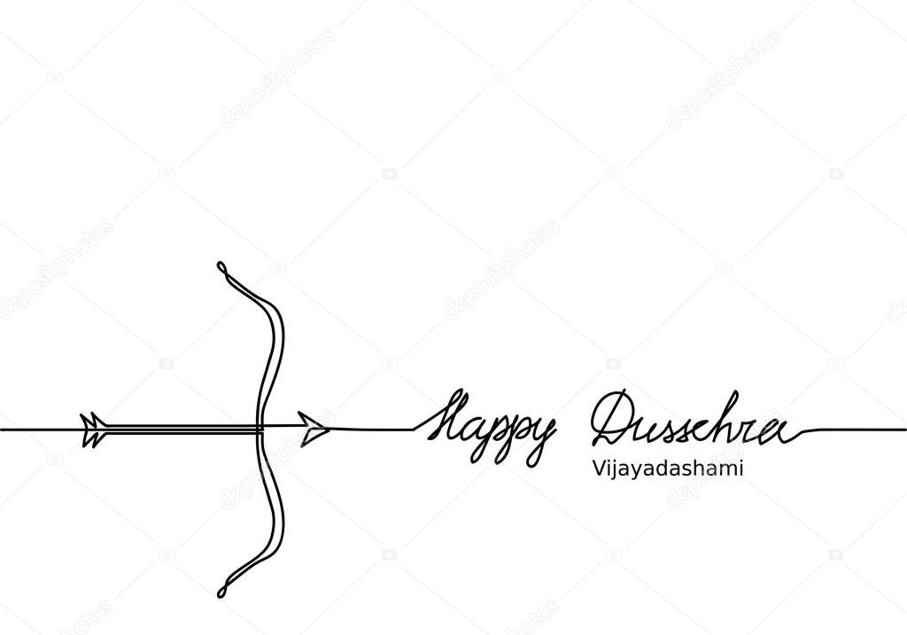 Happy Dussehra bow sketch with arrow. Black and white simple web banner, background. Happy Dussehra text, lettering