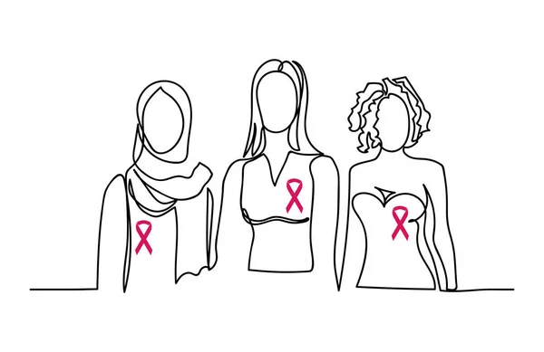 Růžová stuha, různé rasy žen skupinové obrysové vektorové ilustrace. One line kreslení koncept s ženami, plakát pro růžovou stuhu, Národní měsíc povědomí o rakovině prsu — Stockový vektor