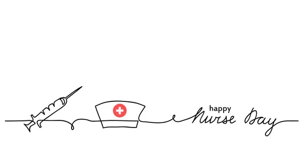 Happy Nurse Day fond vectoriel simple avec seringue, capuchon d'infirmière ou chapeau. Bannière web minimaliste. Lettrage de jour d'infirmière. Un dessin en ligne continu — Image vectorielle