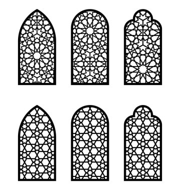 Arap kemerli pencere ya da kapı seti. Cnc şablonu, lazer kesimi, jali tasarımı. Duvar dekorasyonu için vektör şablonu ayarlandı, asılı, kalıplı, oymalı