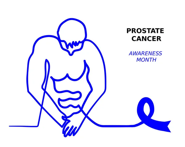 Modrá stuha, měsíc vědomí rakoviny prostaty. Zdravotní prapor. Muž se podívá na své kalhoty. Jednoduchá jednořádková ilustrace proti rakovině — Stockový vektor