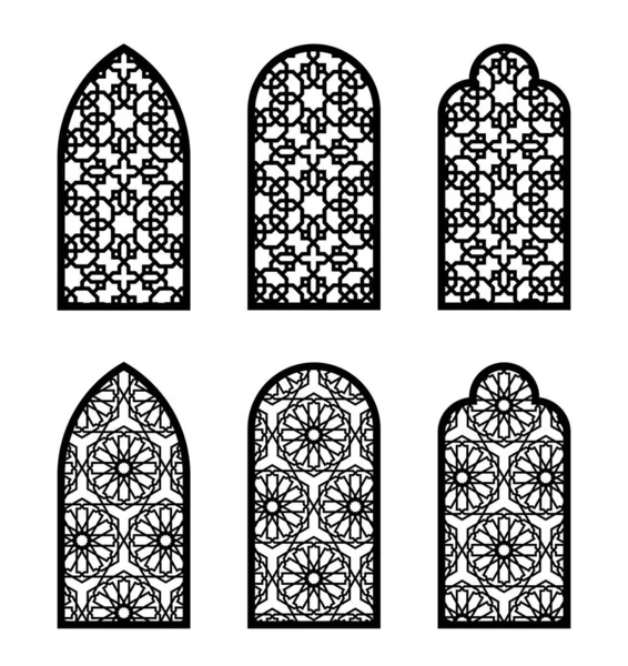 Arco islamico finestra o porta impostata. Modello CNC, taglio laser, modello vettoriale impostato per l'arredamento della parete, appeso, stencil, incisione. Finestra decorativa islamica — Vettoriale Stock
