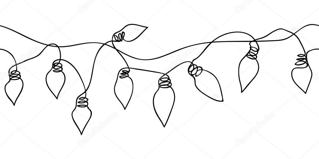 Festoon, garland, glowing light vector seamless border. One continuous line drawing garland for celebration, festival, carnival, xmas, new year festoon web banner, background