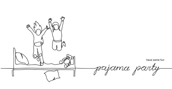 Festa de pijama, festa do pijama. Ilustração vetorial simples de crianças pulando na cama. Um esboço de desenho de linha contínua, contornos de festa de pijama — Vetor de Stock