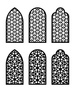 Arap kemerli pencere ya da kapı seti. Cnc şablonu, lazer kesimi, duvar dekorasyonu için vektör şablonu, asılı, kalıplı, oymalı