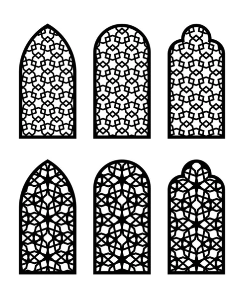 Арабское арочное окно или дверной набор. Снк-узор, резка, набор векторных искушений для декора стен, подвешивание, трафарет, гравировка — стоковый вектор