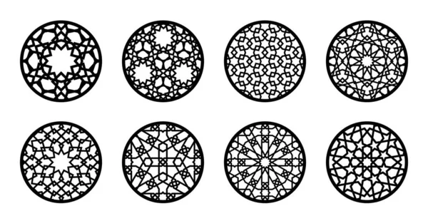 Arabesque cercle, ensemble d'éléments ronds pour la découpe laser, pochoir, gravure. Modèle arabe rond géométrique pour support en verre, support de tasse, suspension murale, design de timbre de menu — Image vectorielle
