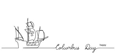 Columbus Günü mektupların ve gemi taslağın kutlu olsun. Siyah ve beyaz basit vektör Mutlu Columbus Günü illüstrasyonu. Devamlı çizim sanatı