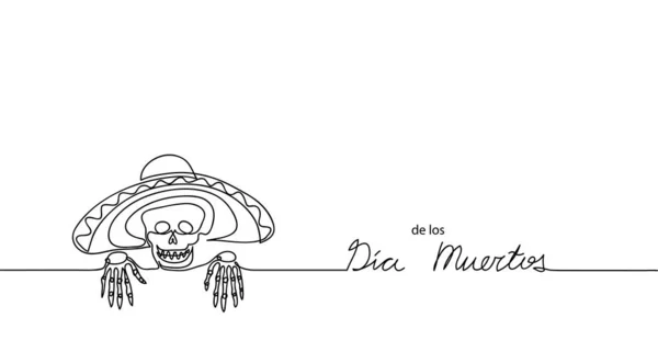 ダイア・デ・ロス・ムエルトス。死者の日。ベクトル背景バナー。メキシコの伝統的なカーニバル頭蓋骨、骨格とソムブレロと休日のバナー。Dia de los muertos 1本の線画 — ストックベクタ