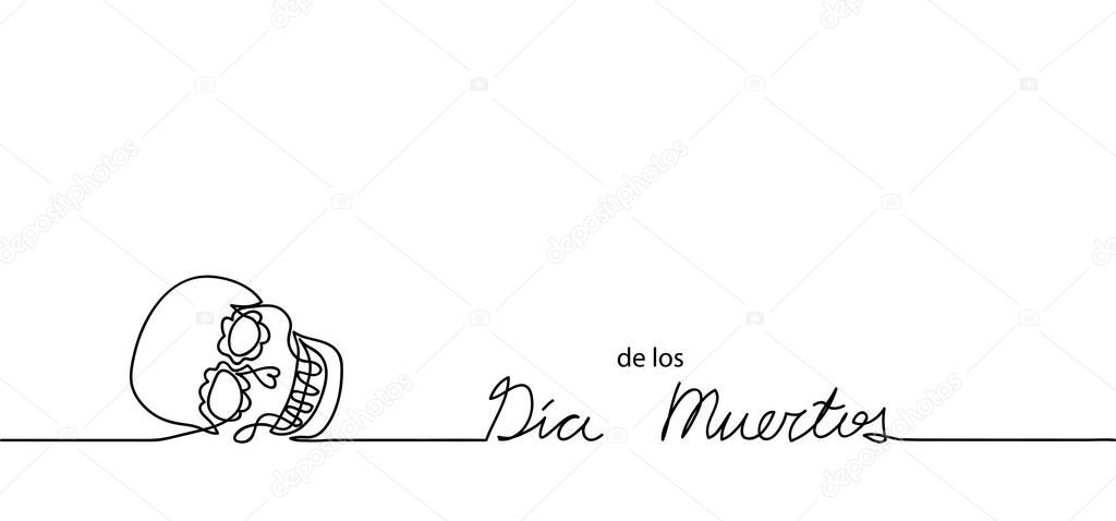 Skull one continuous line drawing. Day of the Dead simple vector background, banner, illustration. Mexican Dia de los muertos holiday background with skull