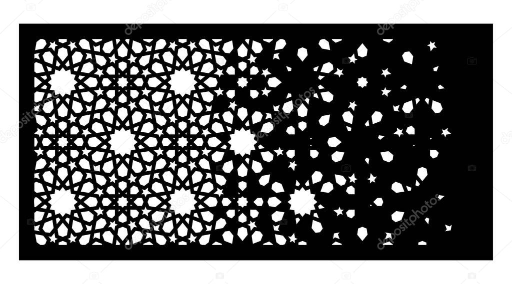 Arabic cnc laser pattern. Decorative vector panel for cnc cutting. Arabic template for interior partition in arabesque style. Ratio 1 2