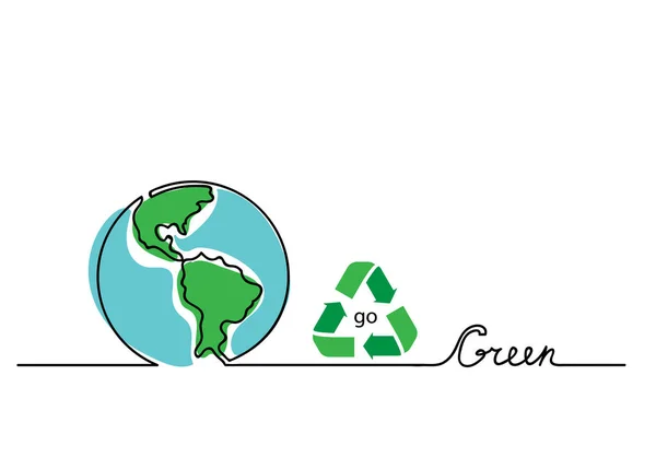 Ga voor groen vector concept. Letteren met aarde en recycle teken. Een, doorlopende lijn tekening go groene achtergrond, banner, illustratie — Stockvector