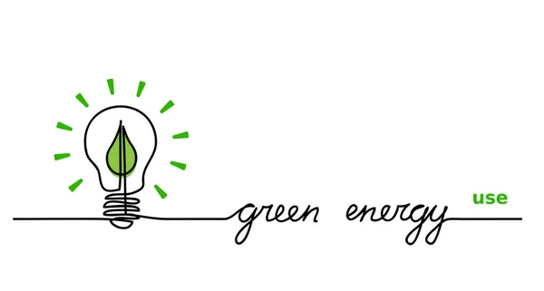 Usa energía verde. Lámpara, bombilla y hoja verde. Una línea continua dibujando banner web, fondo, concepto con letras de energía verde — Archivo Imágenes Vectoriales