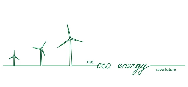 Windmolen vector eco energie een lijn tekening achtergrond. Sla toekomst, gebruik groene eco-energie concept. Continue tekening van de turbinemolen — Stockvector