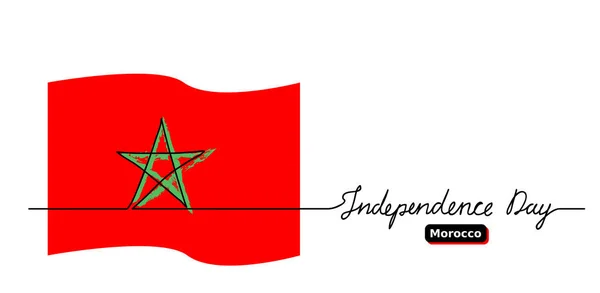 Marocká vlajka na Den nezávislosti, pozadí. Jedna souvislá kresba a nápis. Marocká vektorová vlajka, prapor, oster, pozadí — Stockový vektor
