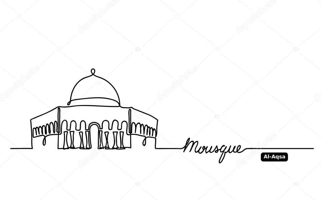 Al-Aqsa, Dome on Rock Mosque hand drawn vector outline, sketch. One, continuous line drawing contour, outline with lettering Mosque