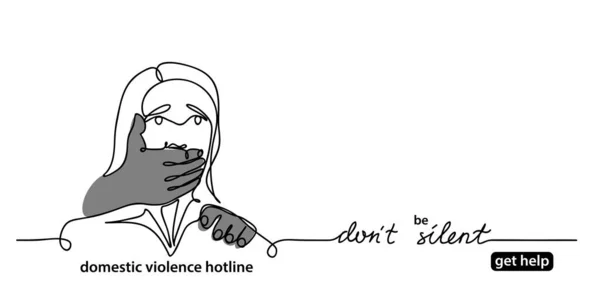 Jednoduchá minimalistická koncepce kampaně proti domácímu násilí. Webový prapor, pozadí, ilustrace se ženou a mužskou rukou, která zavírá ústa. Jedna kresba spojité čáry — Stockový vektor
