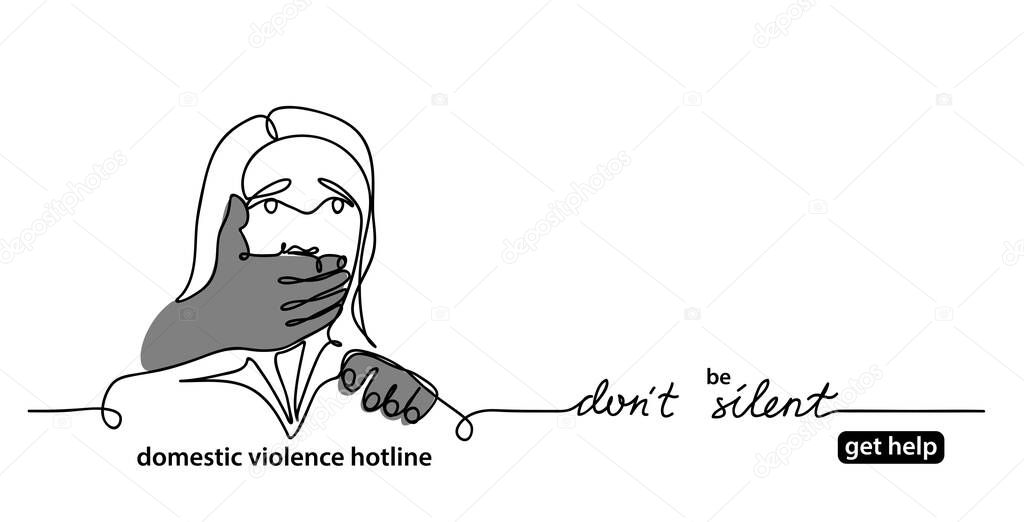 Anti domestic violence campaign simple minimalist concept. Web banner, background, illustration with a woman and mans hand that closes her mouth. One continuous line drawing