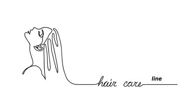 Kız, kadın profili, yüz. Saç bakım kremi şampuanı, saç kremi, saç maskesi tanıtımı. Basit vektör pankartı. Tek bir satır arkaplan, poster, afiş