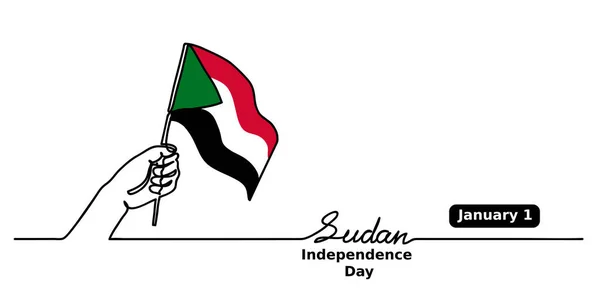 Sudán Día de la Independencia vector fondo, banner web, cartel. Un concepto de dibujo de línea continua con la mano, bandera de Sudán, letras — Vector de stock