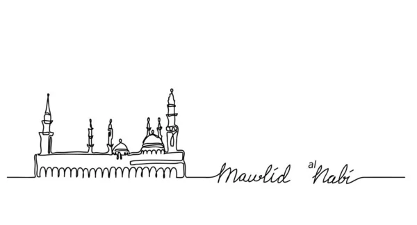 Mosquée Nabawi contour, un dessin de ligne continue. Mawlid An Nabi, naissance du prophète. Muhammad prophète naissance arrière-plan — Image vectorielle