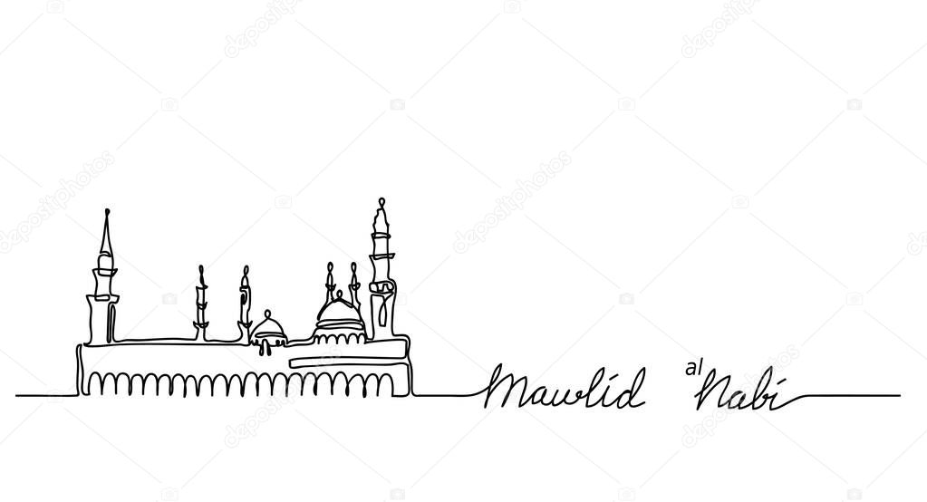 Mosque Nabawi outline, one continuous line drawing. Mawlid An Nabi ,prophet birth. Muhammad prophet birth background