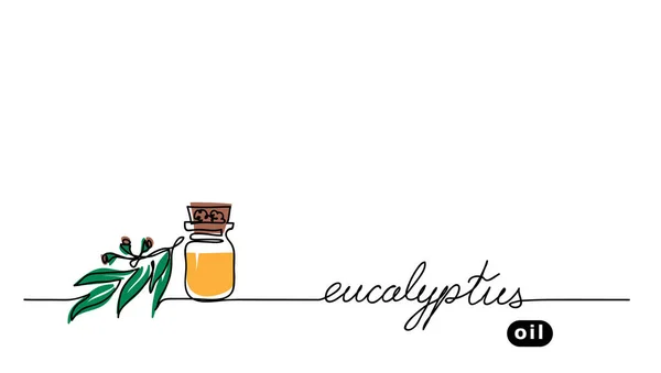 Eucalyptus aroma olie in de glazen fles. Kauwgomboom blad, brunch. Vector een continue lijn tekening achtergrond van eucalyptus — Stockvector